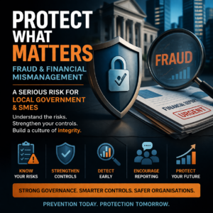 Graphic promoting fraud and financial mismanagement prevention for local government and SMEs, featuring a security shield with padlock, magnifying glass over financial reports marked “Fraud,” and messaging about governance, controls, early detection, and integrity.
